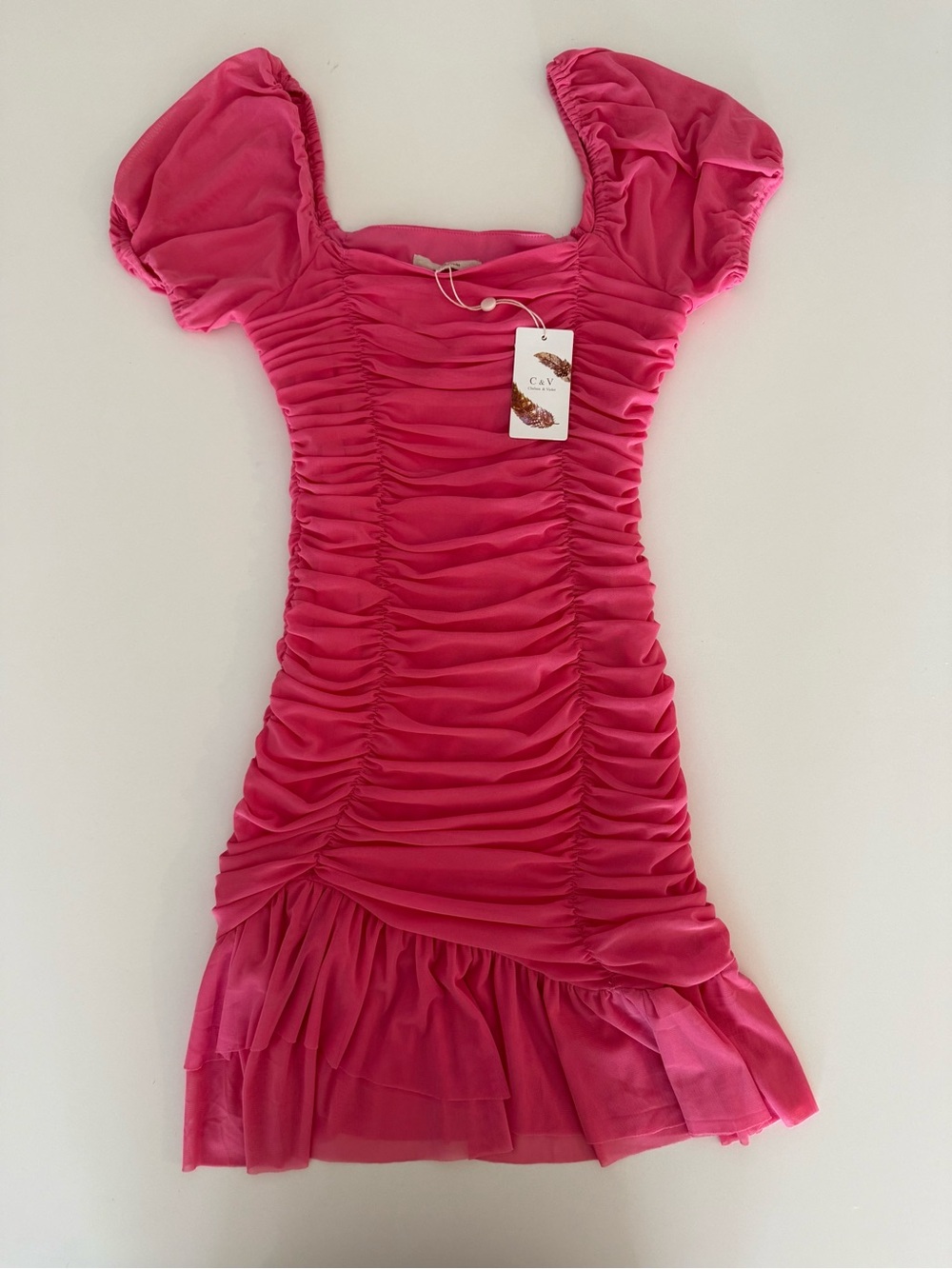 NWT Chelsea & Violet Pink Ruched Puff Sleeve Dress Farmhouse Prairie Cottage